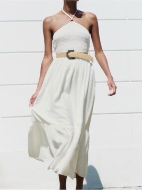 Zara Cream Halter Midi Dress with Tan Belt